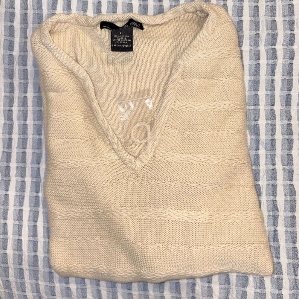 Willi Smith Vintage 100% Cotton Cream Textured Knit V-Neck Sweater XL NWOT